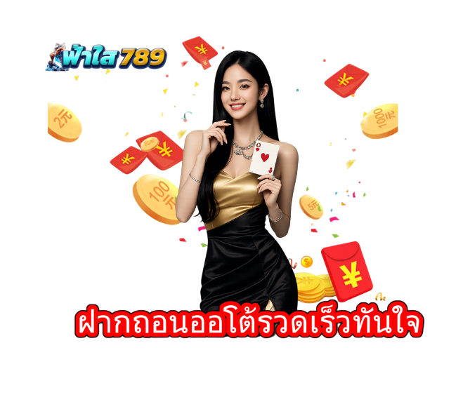 ผู้หญิงสวมชุดสีดำถือไพ่ เอซ รายล้อมด้วยเหรียญทองและซองแดง สื่อถึงคาสิโนและเกมสล็อตออนไลน์